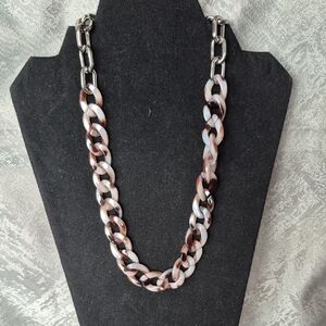 Red Coral Matinee Length Brown, Cream and Silver Chain Necklace (J33)